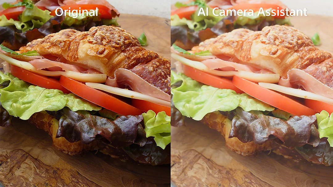 A side-by-side image showing a sandwich photo and the same photo enhanced by AI