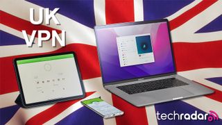 UK VPNs working on laptop, mobile, and tablet over a Union Flag background
