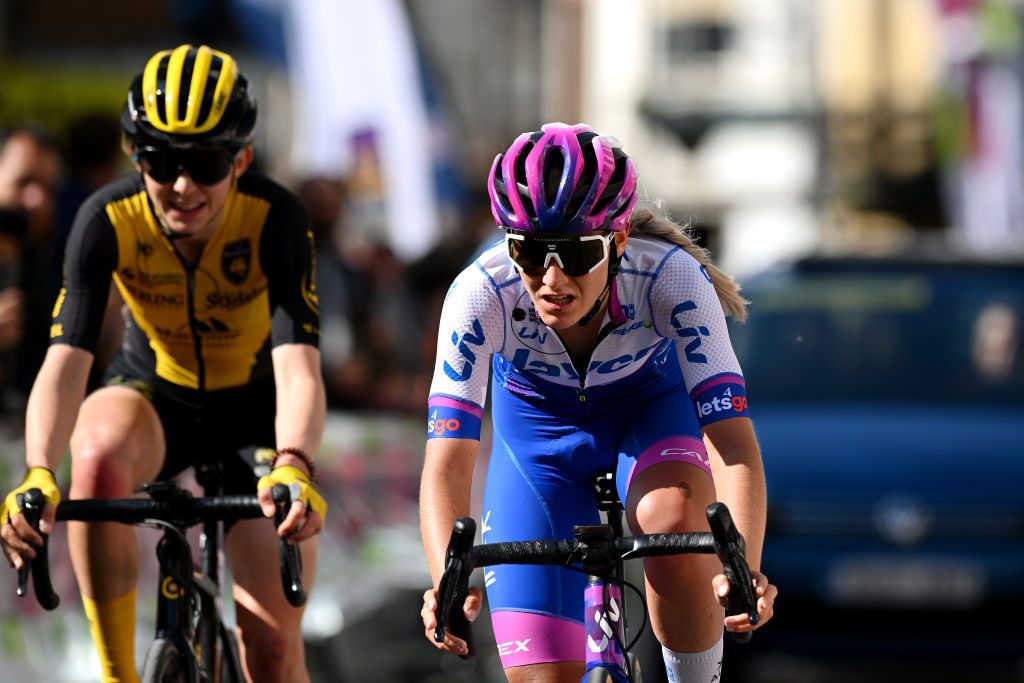 DURANGO SPAIN MAY 16 Urka igart of Slovenia and Team Jayco AlUla crosses the finish line during the 22nd Durango Durango Emakumeen Saria 2023 a 113km one day race from Durango to Durango on May 16 2023 in Durango Spain Photo by Dario BelingheriGetty Images