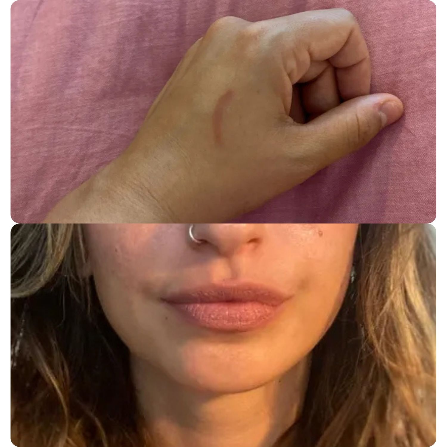 An image of shopping writer Hannah Holway's hand with a swatch of Bobbi Brown lip liner above an image of the lip liner on her lips