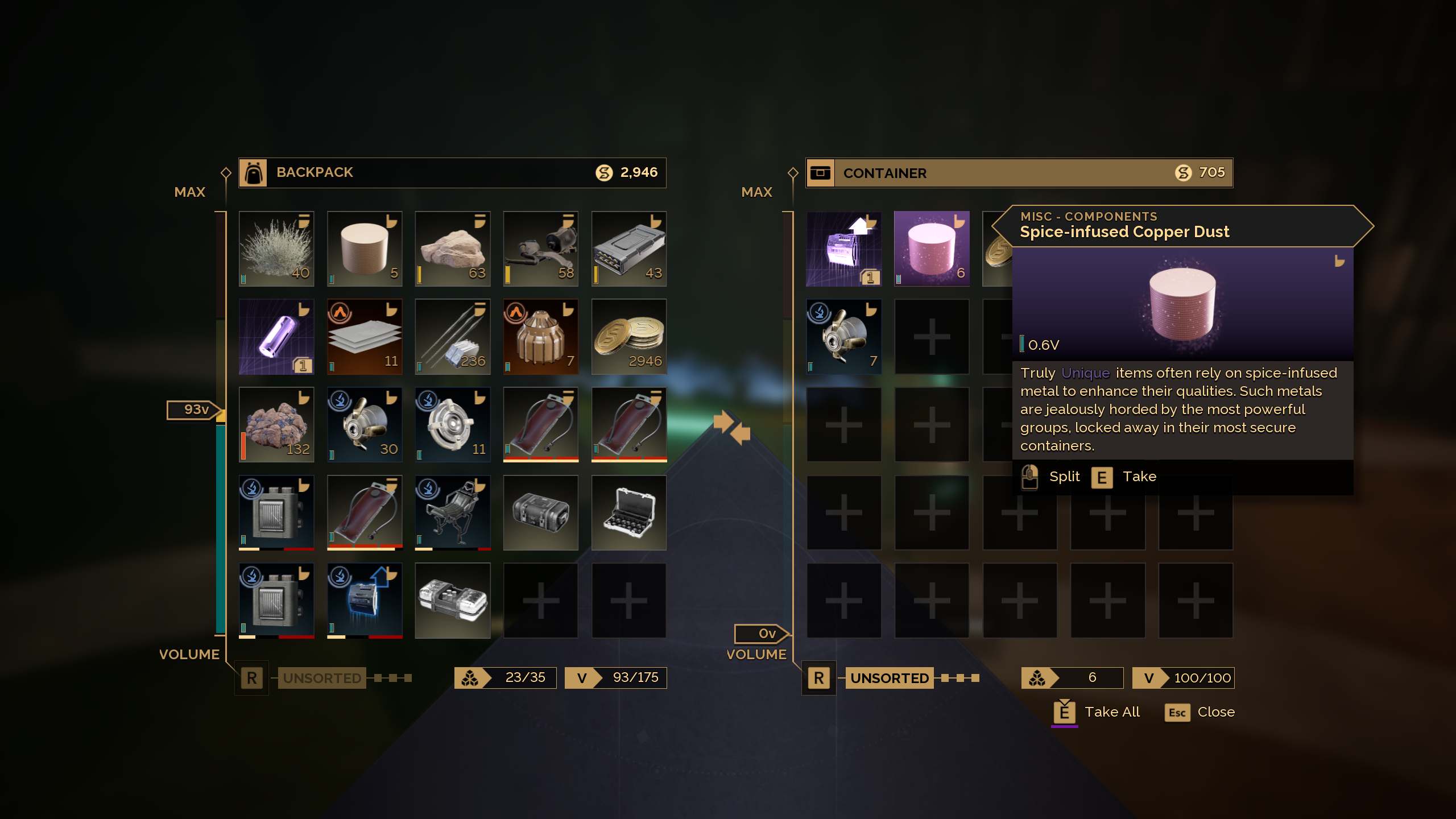 Dune: Awakening spice-infused copper dust - The rare resource in the inventory of a container.