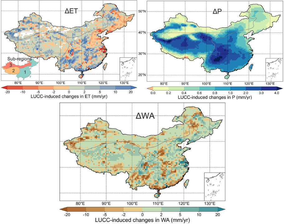 Maps showing changes in evapotranspiration, precipitation and water availability across China between 2002 and 2020.