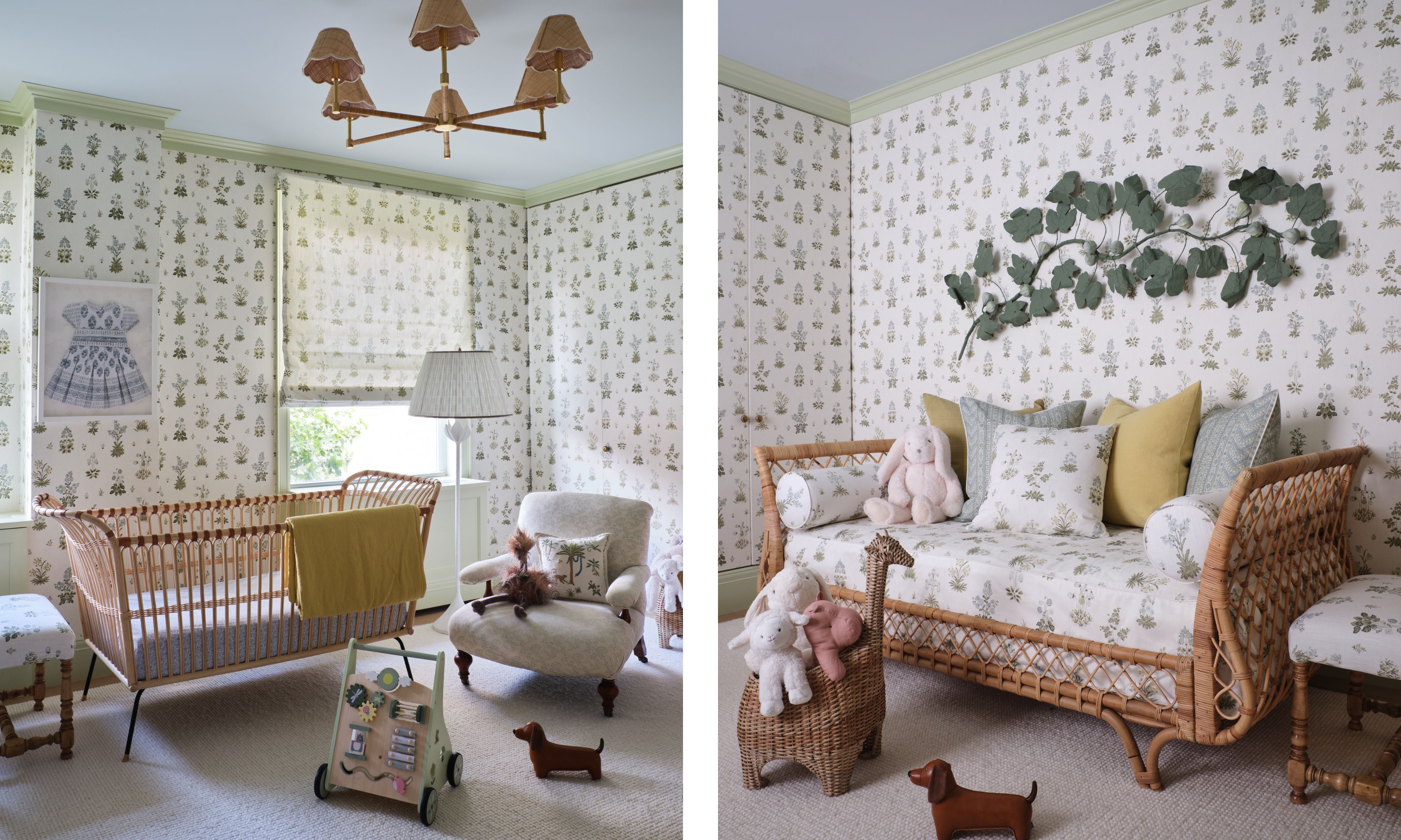 two side by side images of a wallpapered nursery room with a rattan day bed