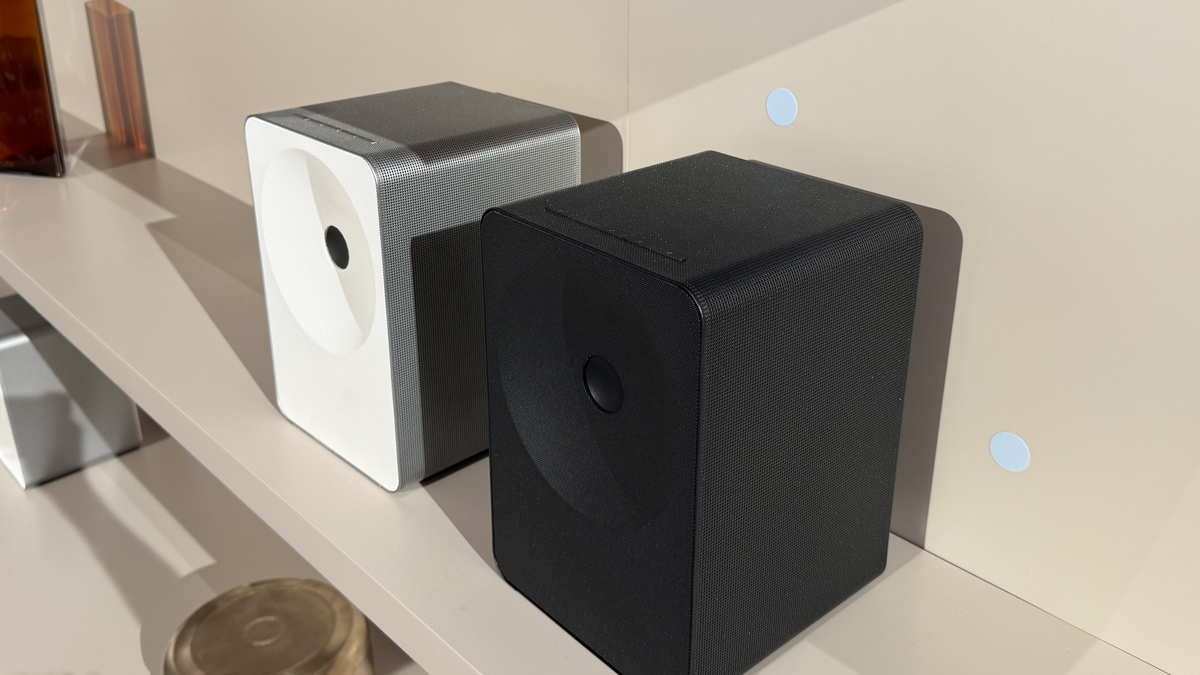 Samsung Music Studio 7 speakers on a shelf