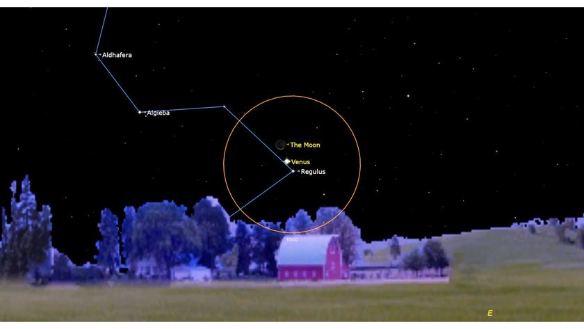 A map of the night sky, where just over the roof of a red farmhouse is an orange circle enclosing a yellow labeled dot for the moon above a white dot labeled Venus which is above a smaller dot labeled Regulus