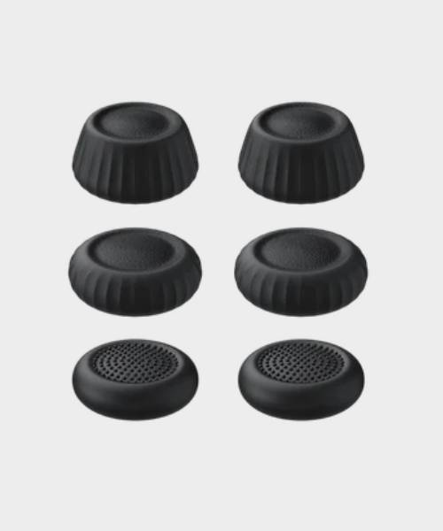 Image of 3 sets of black thumbsticks from JSAUX, with a gray background.