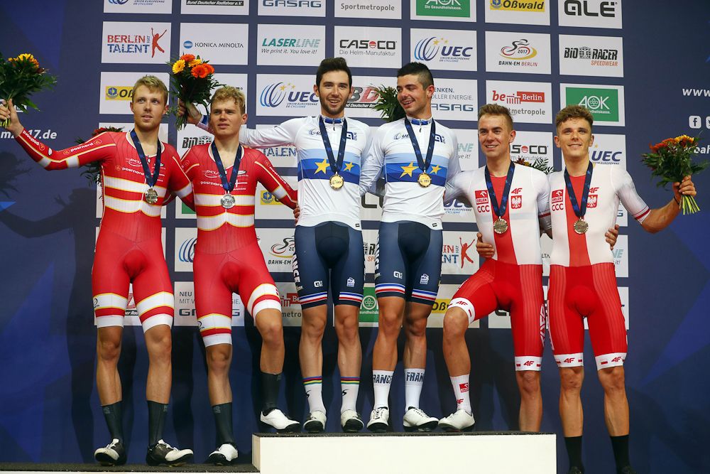 The men's Madison podium: Denmark, France and Poland