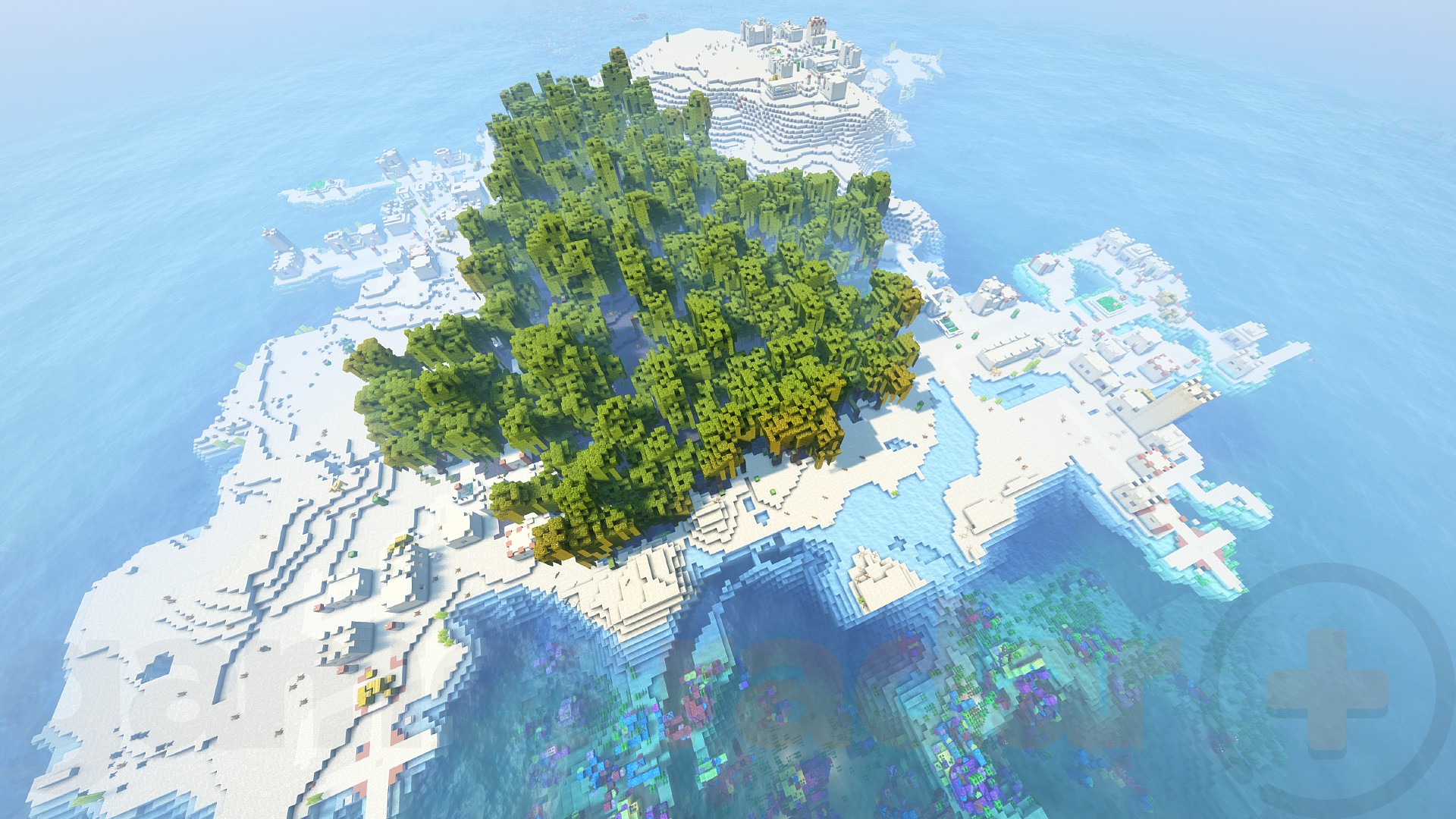 A birds-eye view of a desert island with four villages and a mangrove swamp in the center