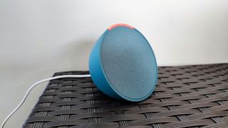 Amazon Echo Pop review: speaker from the side with microphone turned off