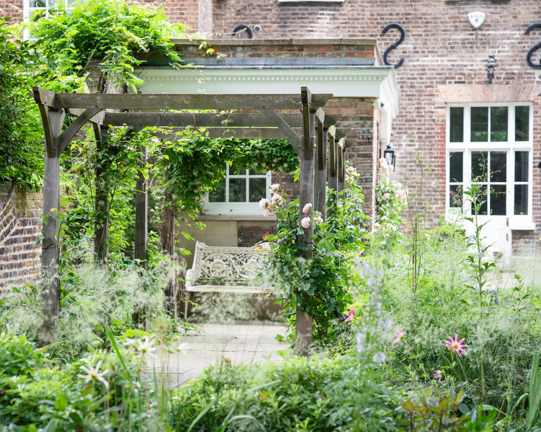pergola planted with climbing roses in a garden of a Georgian house