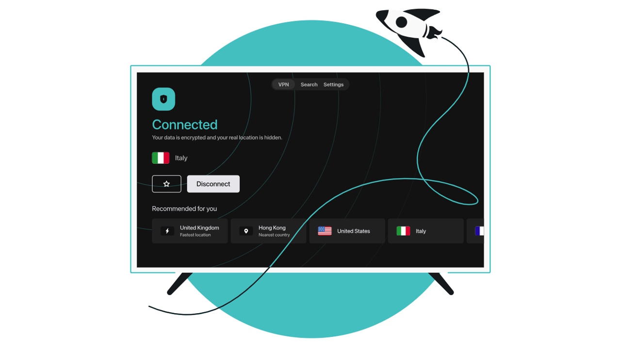 An illustration of Surfshark VPN working on a television.