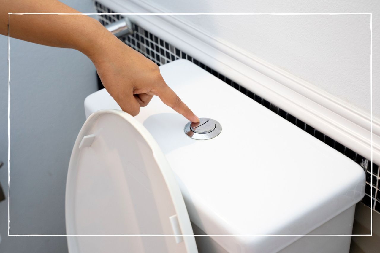 close up of a hand flushing a dual flush toilet