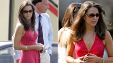 Composite of images of Kate Middleton wearing a red halterneck dress and wedges to watch a polo match in 2006