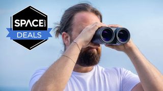 A male looking through Canon 18x50 IS binoculars with clouds in the background and a black Space.com deals badge in the upper left.