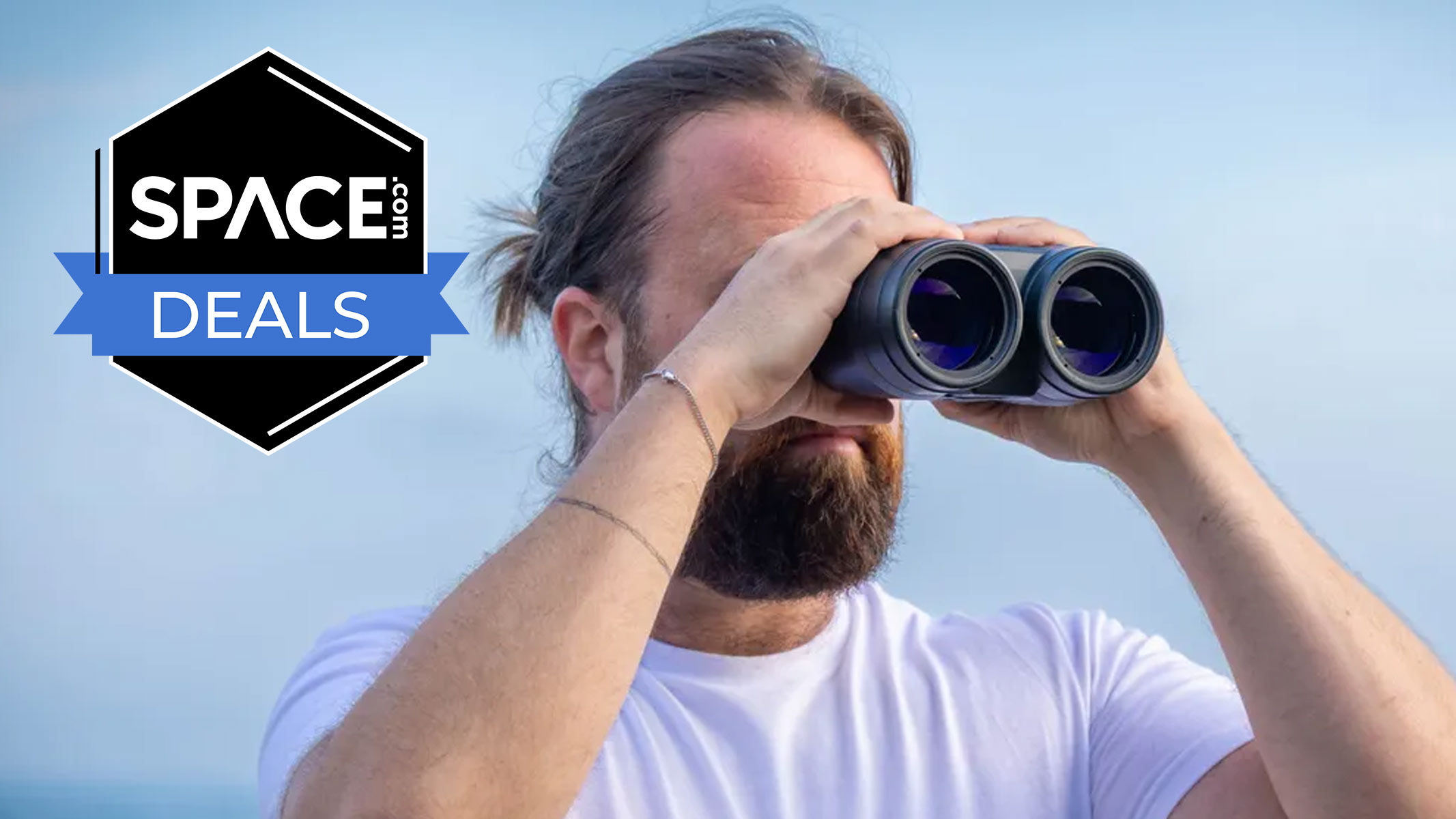 A male looking through Canon 18x50 IS binoculars with clouds in the background and a black Space.com deals badge in the upper left.