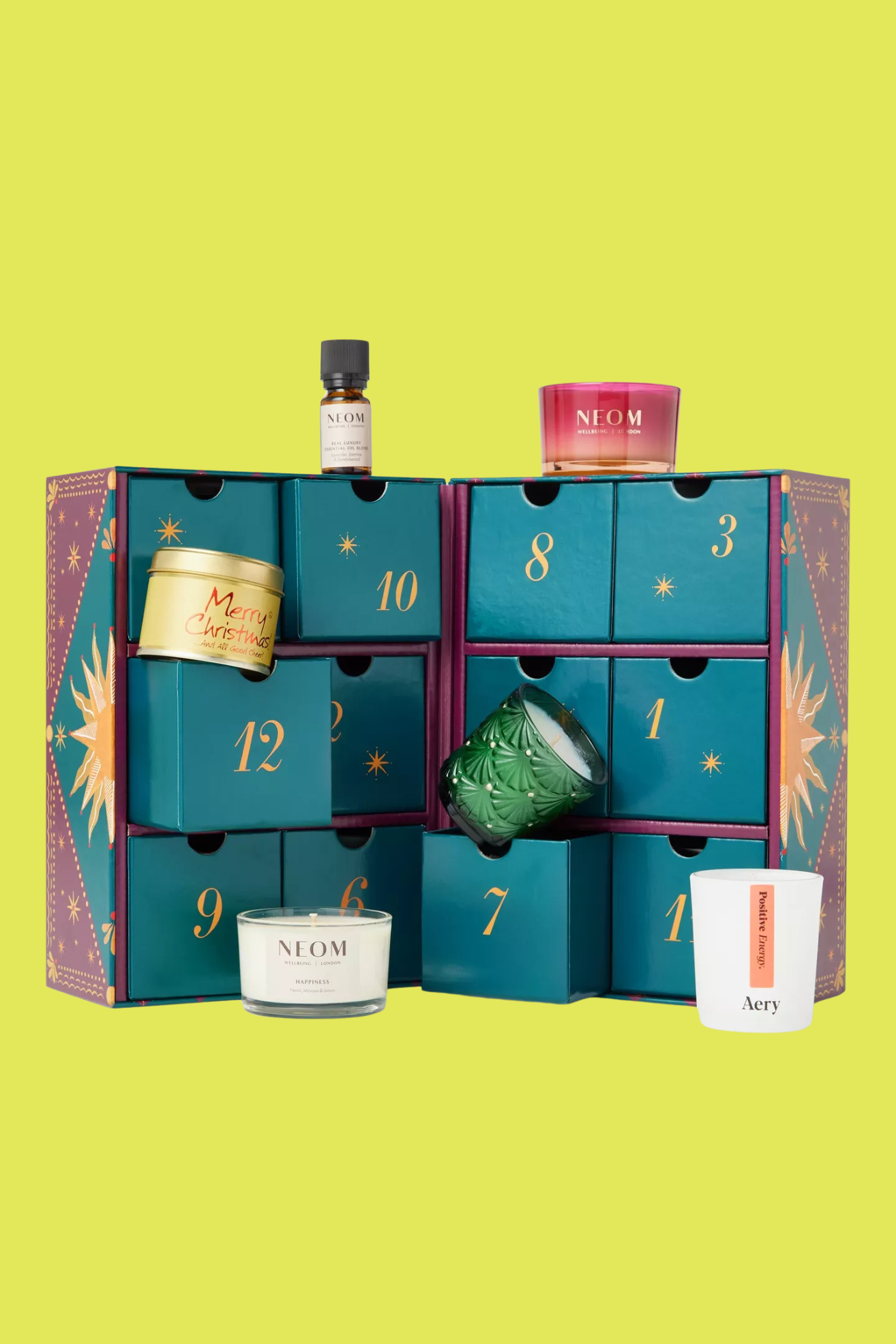 An advent calendar with glass and tin candles and essential oils