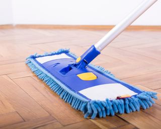 A blue mop cleaning a wooden floor