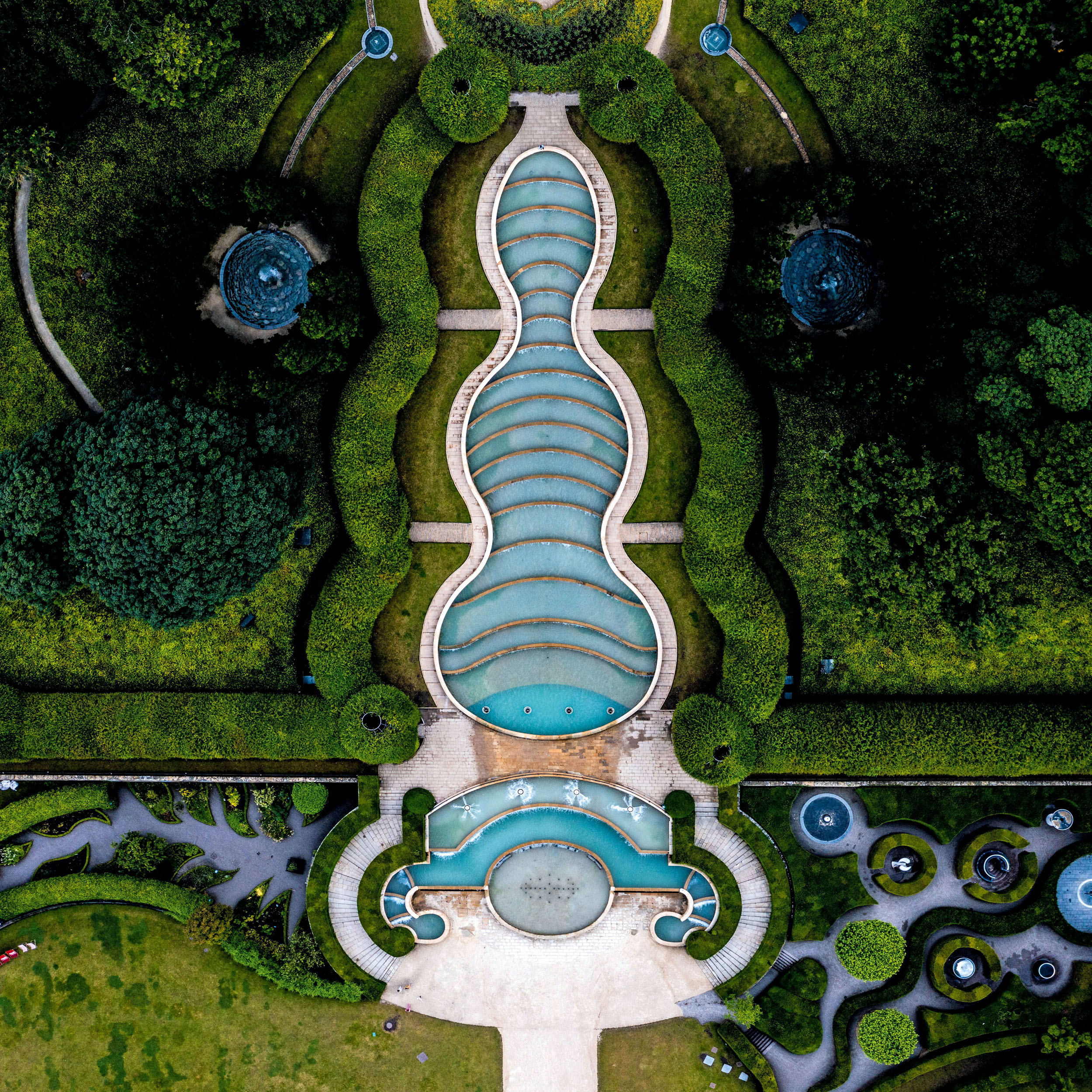 Aerial view of the Cascade at The Alnwick Garden.