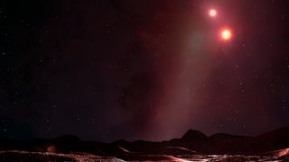 two suns in the night sky over a rocky planet