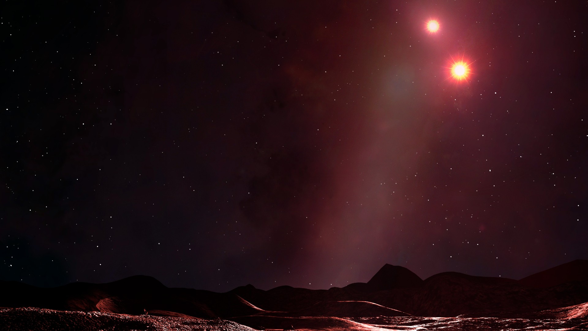 two suns in the night sky over a rocky planet