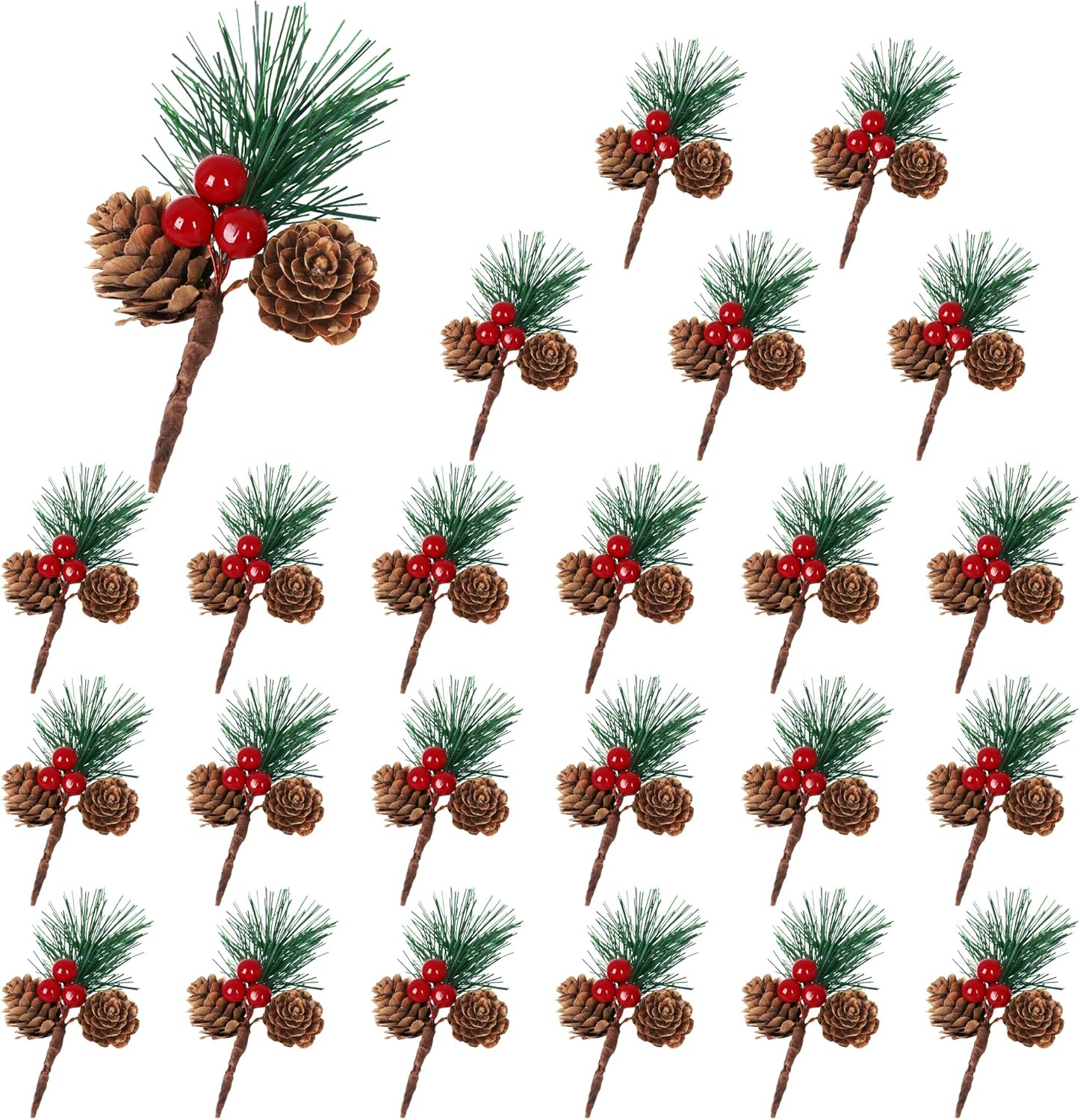 24 Pcs Christmas Artificial Pine Picks for Decorating, Pine Needles Branches With Red Berry Stems, Xmas Crafts Branches for Xmas Pinecones Ornaments Red Berry Christmas Decor