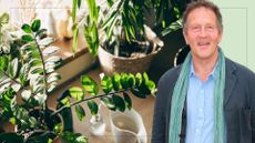 picture of various houseplants with watering can and cut out of monty don over top