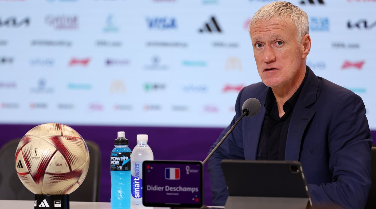 France manager Didier Deschamps during a press conference after France beat Morocco 2-0 in the semi-finals of the FIFA World Cup 2022 in Qatar