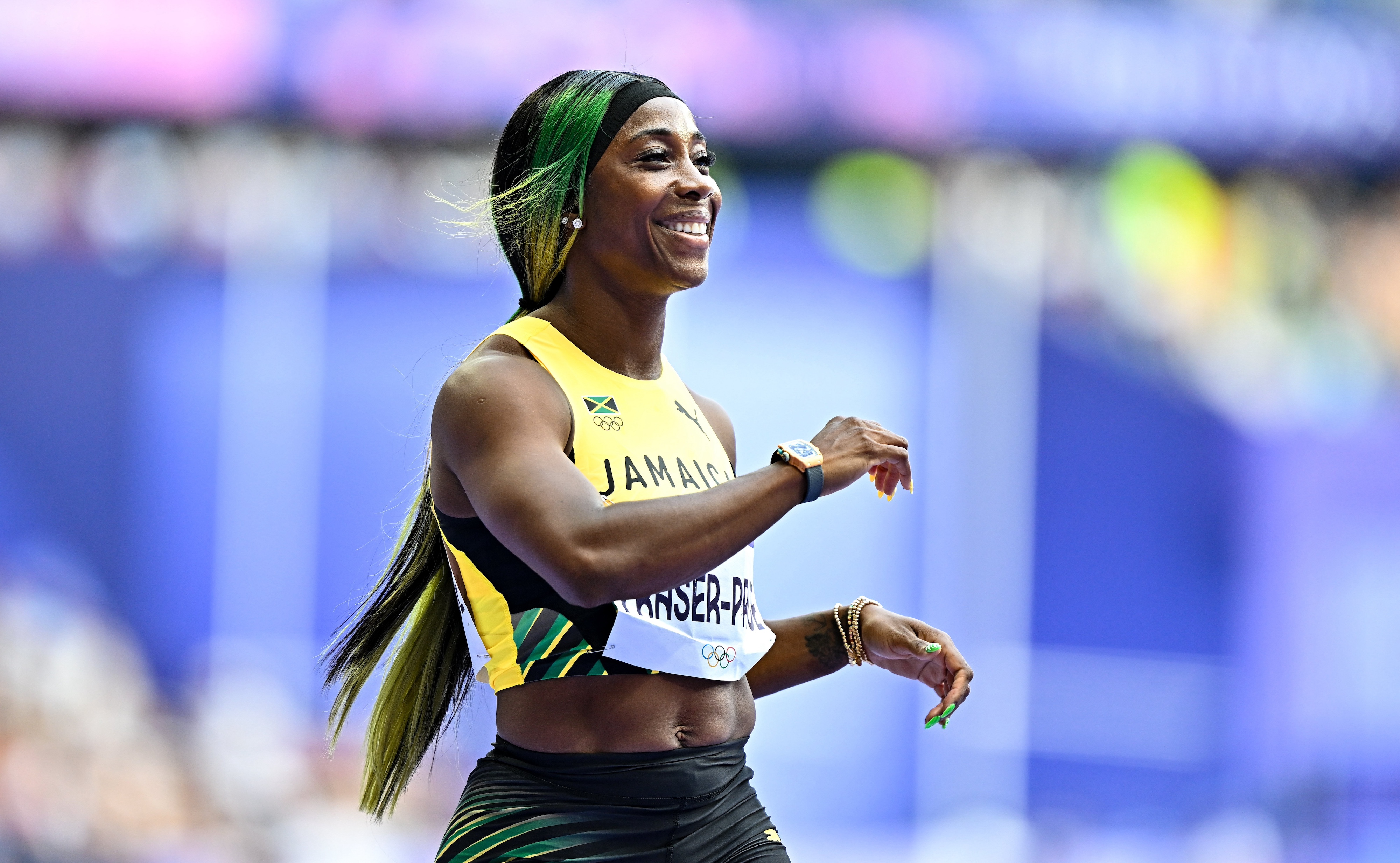 Shelly-Ann Fraser-Pryce of Team Jamaica after finishing 2nd during round 1 of the women's 100m at the Stade de France during the 2024 Paris Summer Olympic Games