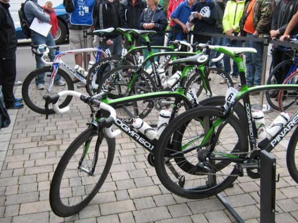 Team Sky's special green Pinarello bikes.
