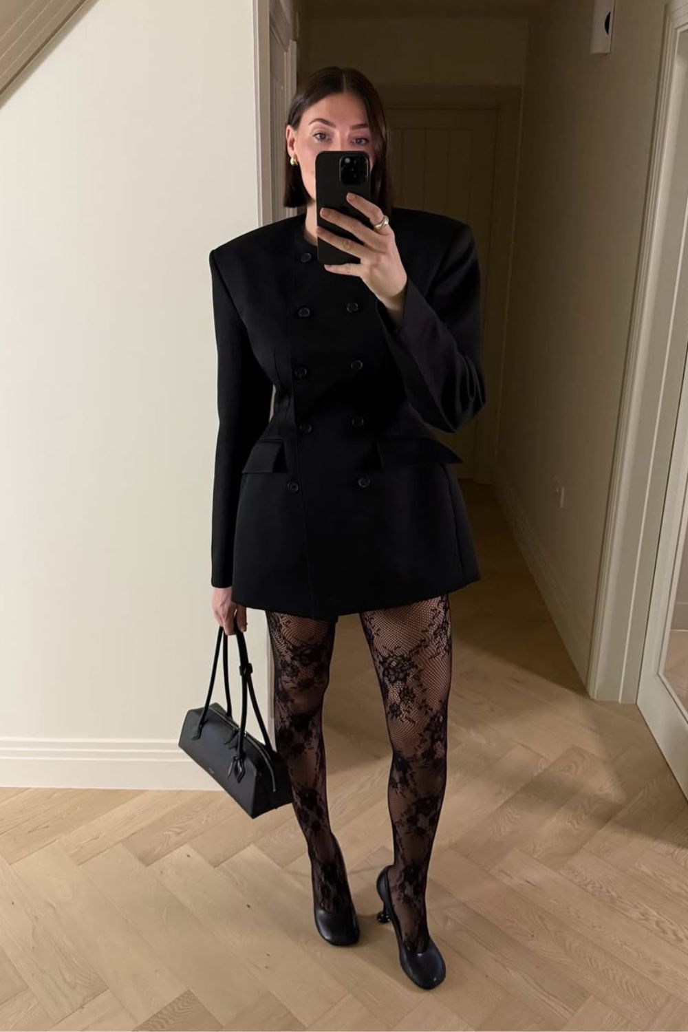 Best Shoes With Black Dresses @sarahlouiseblythe wearing black blazer dress, lace tights and court heels