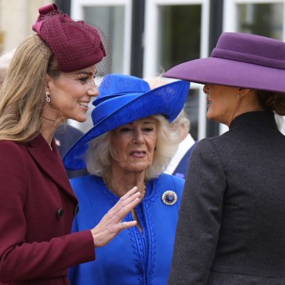 Kate MIddleton wears a wine coat dress and greets Melania Trump during the US state visit on September 17