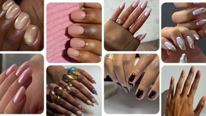 A collage of different types of manicures on different skin tones.