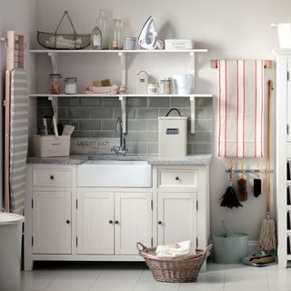 white country style utility room with open and closed storage