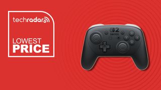 The black Nintendo Switch 2 Pro Controller against a red background