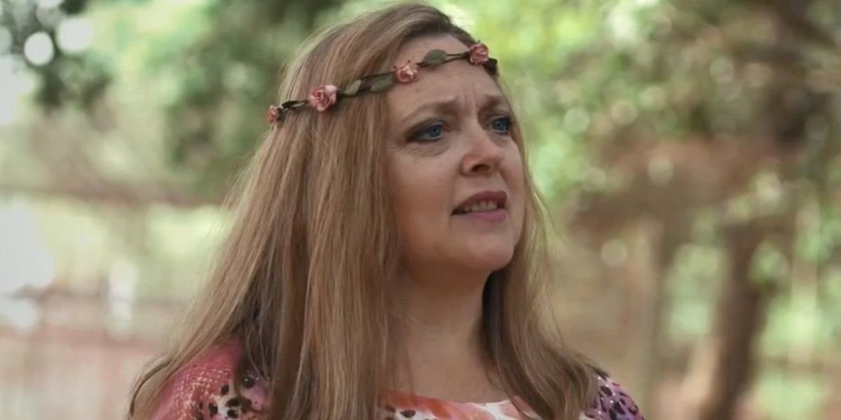 Tiger King Carole Baskin on camera with a flower crown