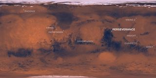 This map of Mars shows the landing site of NASA's Perseverance rover in Jezero Crater, as well as the locations where all of NASA's other successful Mars missions touched down.