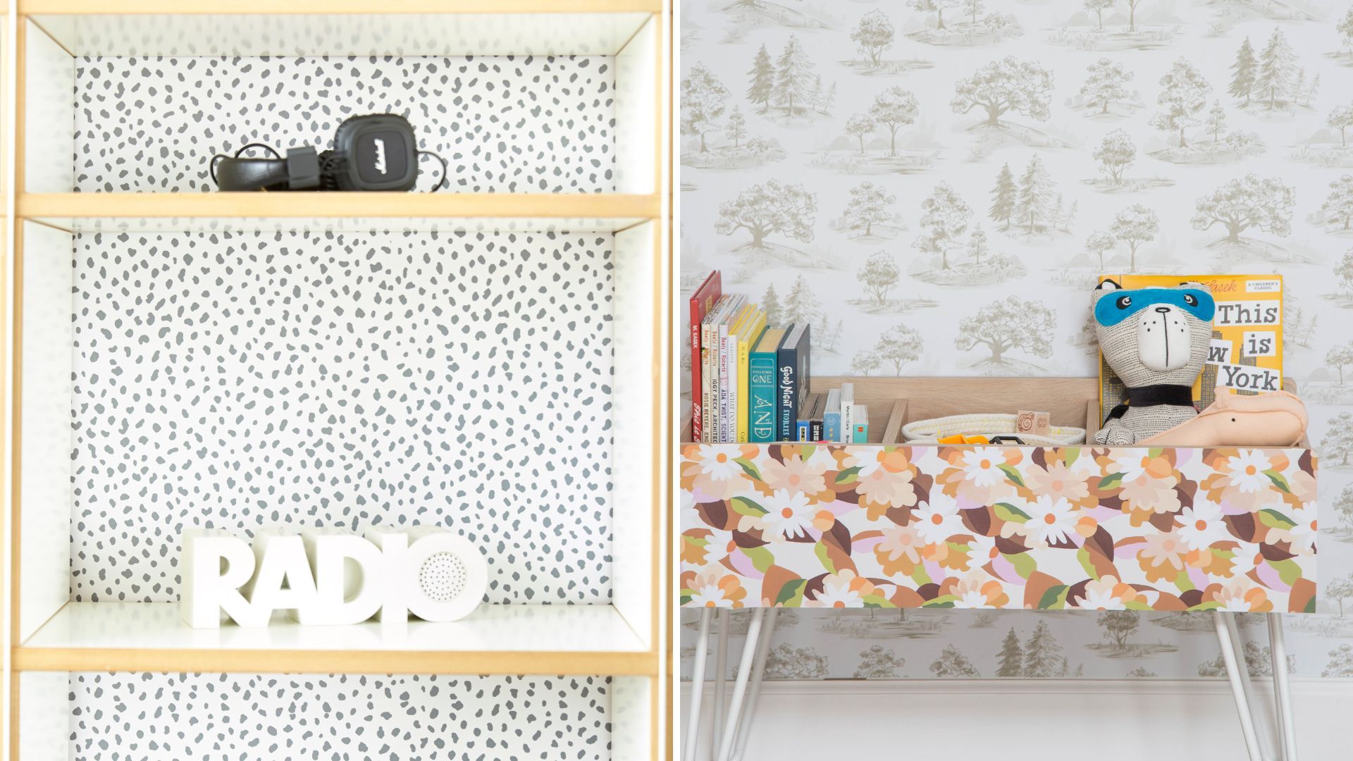 bookcase and furniture showing how peel-and-stick wllpaper can be used to update furniture to transform a living room on a budget