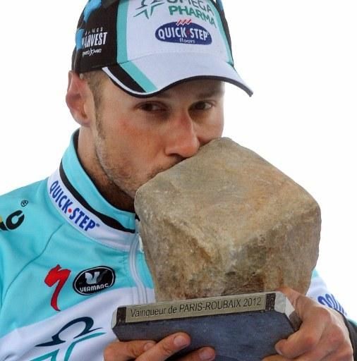 Tom Boonen with his fourth Paris-Roubaix trophy.