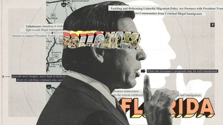 Photo composite illustration of Ron DeSantis, a Tallahassee postcard, Florida map and text from the state Senate immigration bill