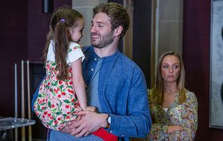 Jamie Tate in Emmerdale with his young daughter, Millie Tate