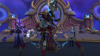 Two Ethereals and Alleria Windrunner stand poised to enter K'Aresh in World of Warcraft: The War Within.