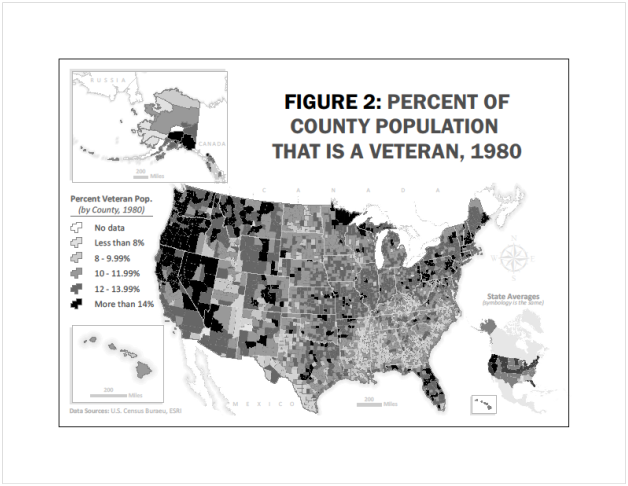 In contrast with 2010, the population of veterans in the United States in 1980 was denser and more evenly distributed across the country.