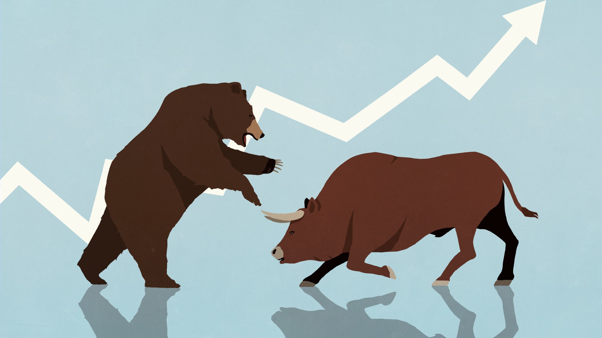 Illustration of a bear and a bull fighting in front of an ascending stock market arrow on a blue background