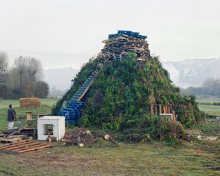 A large pile of greenery, with wooden pallets on top, and wooden scraps around it.