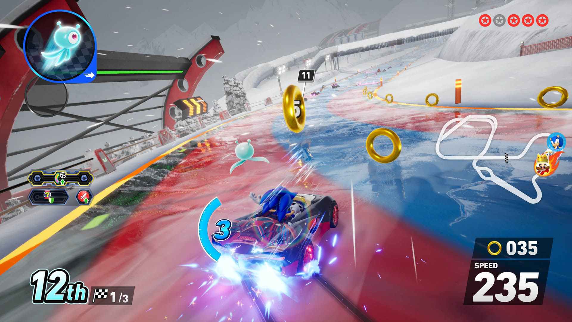 Sonic races through an icy stage in Sonic Racing: CrossWorlds