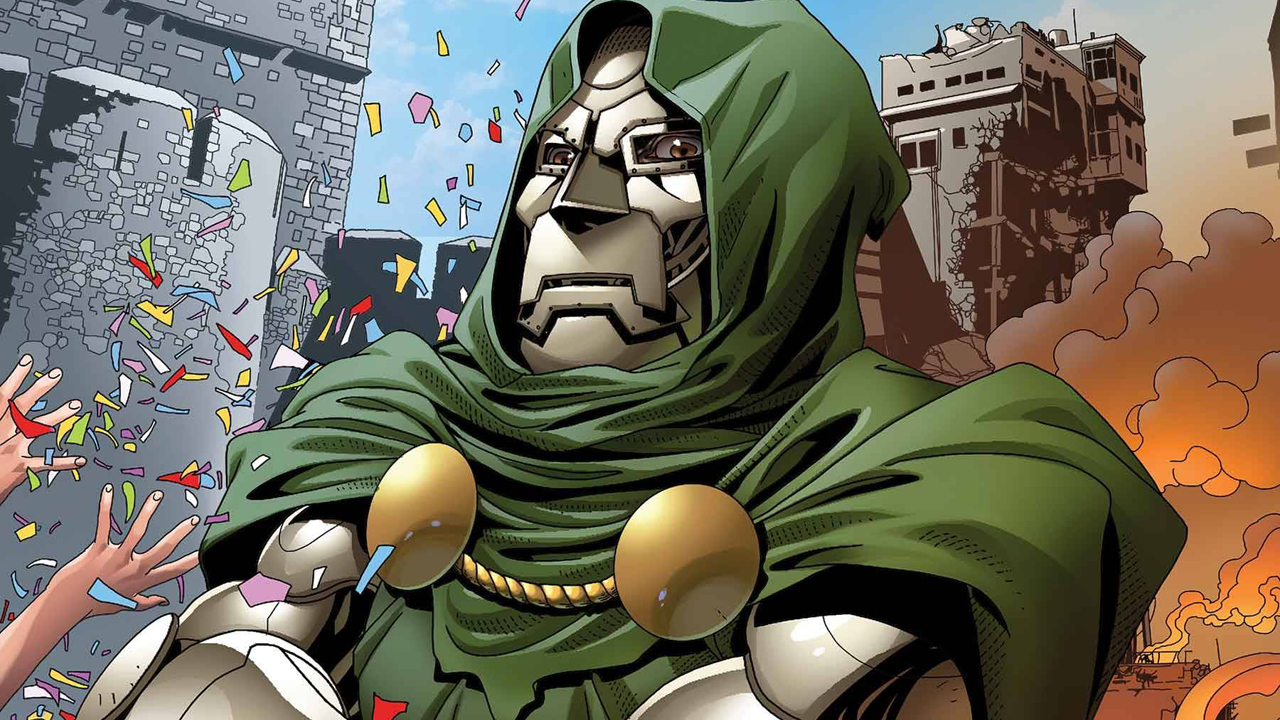 Doctor Doom stands with his arms folded in front of a burning city and an old castle in a Marvel comic cover