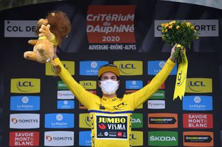 CHARTREUSE FRANCE AUGUST 13 Podium Primoz Roglic of Slovenia and Team Jumbo Visma Yellow Leader Jersey Celebration during the 72nd Criterium du Dauphine 2020 Stage 2 a 135km stage from Vienne to Col de PorteChartreuse 1316m dauphine Dauphin on August 13 2020 in Chartreuse France Photo by Justin SetterfieldGetty Images