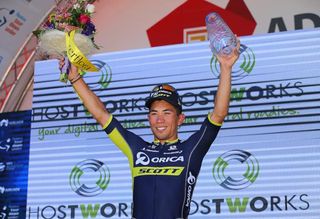 Caleb Ewan on the podium after winning stage 1 at the Tour Down Under.
