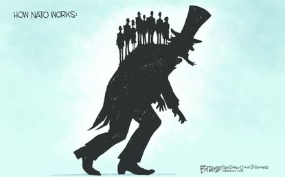 Political cartoon U.S. Uncle Sam carries NATO