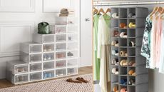 Wayfair shoe organizers x 2. Wayfair shoe storage individual boxes stacked in bright entryway, the other a hanging shoe organizer inside a closet filled with shoes